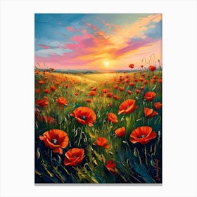 Flower Fields Of Poppies At Dawn Canvas Print