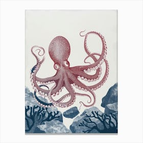Red Octopus Linocut On The Ocean Floor Linocut Inspired 2 Canvas Print