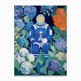 Astronaut Surrounded By Royal Blue Hydrangea Flower 4 Canvas Print