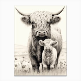 Black & White Illustration Of Highland Cow With Calf 2 Canvas Print