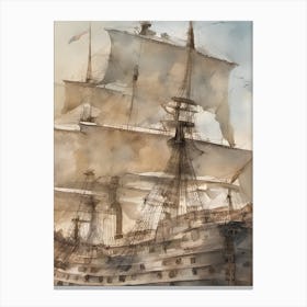 Phitorealistic seascape, a huge galleon ship cruising the ocean, viewed from a nearby pier extended from the sandy beach Canvas Print