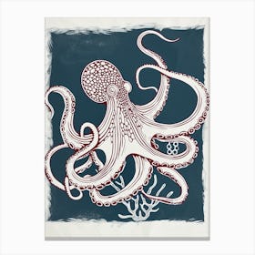 Retro Linocut Octopus With Blue Background 1 Canvas Print