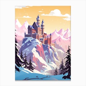 Vintage Winter Travel Illustration Schloss Neuschwanstein Germany 4 Canvas Print
