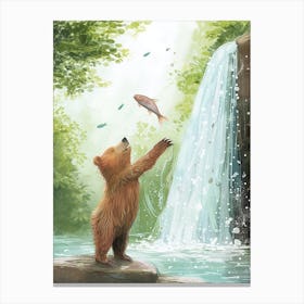 Sloth Bear Catching Fish In A Waterfall Storybook Illustration 3 Canvas Print