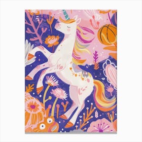 Unicorn Playing Basketball Folky Orange Purple Canvas Print