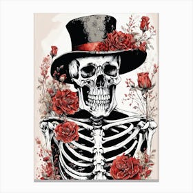 Floral Skeleton With Hat Ink Painting (22) Canvas Print