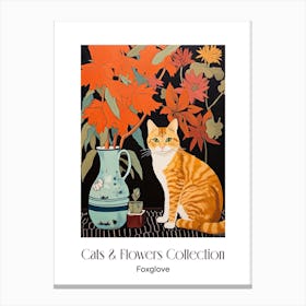 Cats & Flowers Collection Foxglove Flower Vase And A Cat, A Painting In The Style Of Matisse 1 Canvas Print