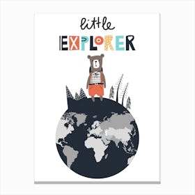 Little Explorer Bear On The World Kids Canvas Print