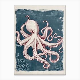 Red & Blue Octopus Retro Linocut Inspired 4 Canvas Print