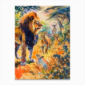 Masai Lion Interaction With Other Wildlife Fauvist Painting 4 Canvas Print