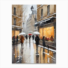 Paris cafes, winter season, Christmas, autumn oil colors, pale colors, pedestrians in the street, winter clothes, falling snow.Christmas decorations.4 1 Canvas Print