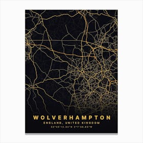 Wolverhampton England Black And Gold Map Canvas Print