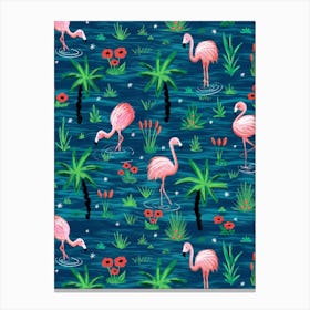 Pink Flamingos in the Water of a Tropical Island - Deep Blue Canvas Print