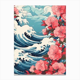 Great Wave With Azalea Flower Drawing In The Style Of Ukiyo E 2 Canvas Print