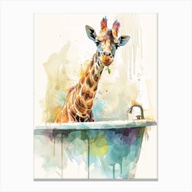 Giraffe In The Bath Watercolour 2 Canvas Print