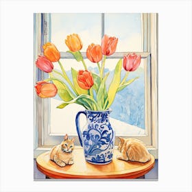 Cat With Tulip Flowers Watercolor Mothers Day Valentines 4 Canvas Print