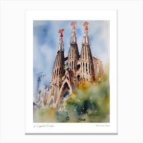 La Sagrada Familia, Barcelona, Spain 2 Watercolour Travel Poster Canvas Print