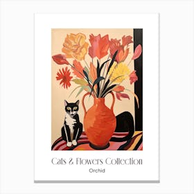 Cats & Flowers Collection Orchid Flower Vase And A Cat, A Painting In The Style Of Matisse 3 Canvas Print