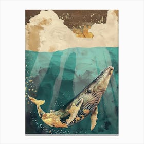 Whale Ocean Painting Gold Blue Effect Collage 2 Canvas Print