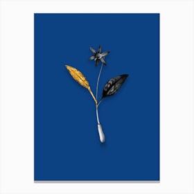 Vintage Erythronium Black and White Gold Leaf Floral Art on Midnight Blue Canvas Print