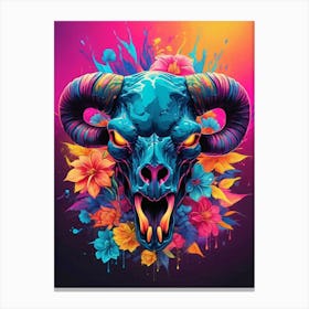 Floral Bull Skull Neon Iridescent Painting (9) Canvas Print