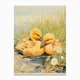 Ducklings Staying Warm Together Japanese Woodblock Style 1 Canvas Print