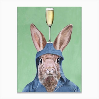 Rabbit With Champagne Glass Green & Brown Canvas Print