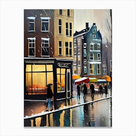 Amsterdam cafes, winter season, winter oil colors, pedestrians in the street, winter clothes, rain falling, Amsterdam print, Netherlands print, travel gift, Netherlands poster.6 13 Stampe su tela