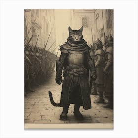A Cat In Armour With Solidiers In The Background Canvas Print
