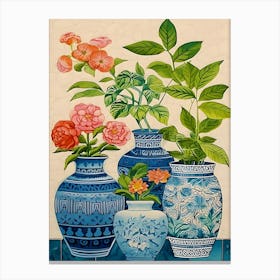 Flowers In A Tile Vase Botanical House Plants Canvas Print