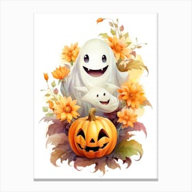Cute Ghost With Pumpkins Halloween Watercolour 69 Canvas Print