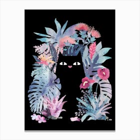 Popoki (Black Cat in Tropical Flowers) on Black Canvas Print