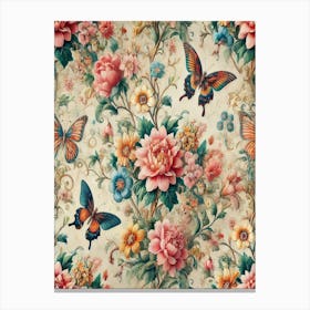 Floral Wallpaper With Butterflies Canvas Print