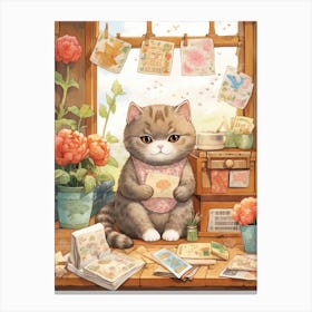Kawaii Cat Drawings Collecting Stamps 2 Canvas Print