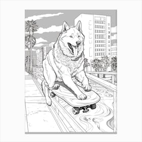 Alaskan Malamute Dog Skateboarding Line Art 1 Canvas Print