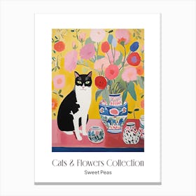 Cats & Flowers Collection Sweet Pea Flower Vase And A Cat, A Painting In The Style Of Matisse 1 Canvas Print