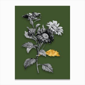 Vintage Red Aster Flowers Black and White Gold Leaf Floral Art on Olive Green Canvas Print