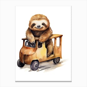 Baby Sloth On A Toy Car, Watercolour Nursery 3 Canvas Print