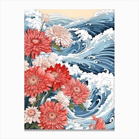 Great Wave With Dahlberg Daisy Flower Drawing In The Style Of Ukiyo E 2 Canvas Print