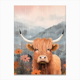 Cute Floral Illustration Of Highland Cow In The Rain Canvas Print