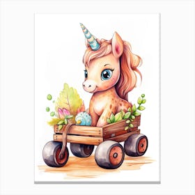 Baby Unicorn On A Toy Car, Watercolour Nursery 1 Canvas Print