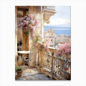 French Balcony With Pink Flowers Canvas Print