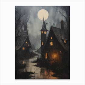 Vintage Gothic Spooky Village Oil Painting Canvas Print