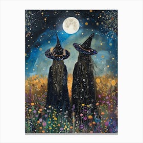 Witches Watch the Full Moon | Botanical Witchcraft Pagan Coven Painting | Witch Print Magical Spellwork Esbat | Witchy Wiccan Art Print in Wildflowers HD Canvas Print