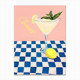 Cheers! Cocktail On Blue Checked Tablecloth Canvas Print