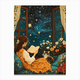 Girl Reading Book with Her Cat 19 Canvas Print