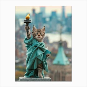 Full Shot Angle，A Cute Kitten Styled As The Statue Of Liberty, Standing Tall With A Torch And A Tablet, Against The Backdrop Of The New York Skyline Or Distant Liberty Island， Good Weather Canvas Print