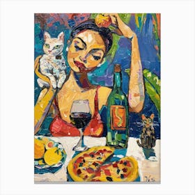 Portrait Of A Girl With Cats Eating Pizzas 4 Canvas Print