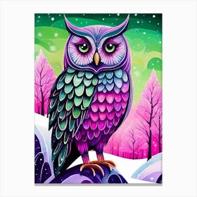 Pink Owl Snowy Landscape Painting (250) Canvas Print