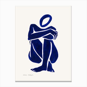 Minimal Blue Female Nude Crouching Front  Canvas Print